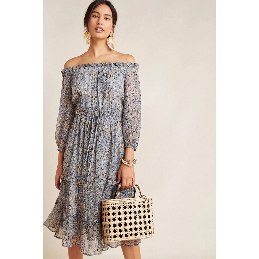 Anthropologie Floral Off Shoulder Tiered Midi Dress Blue Autumn Wedding Size 10